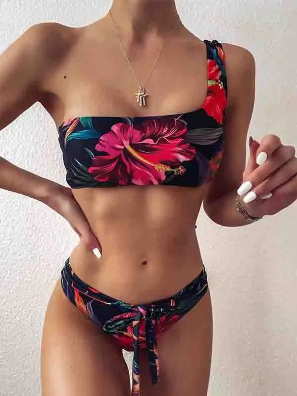 One Shoulder Bikini Top Tropical Bikini Bottom With Tie