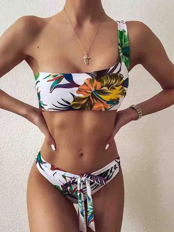 One Shoulder Bikini Top Tropical Bikini Bottom With Tie