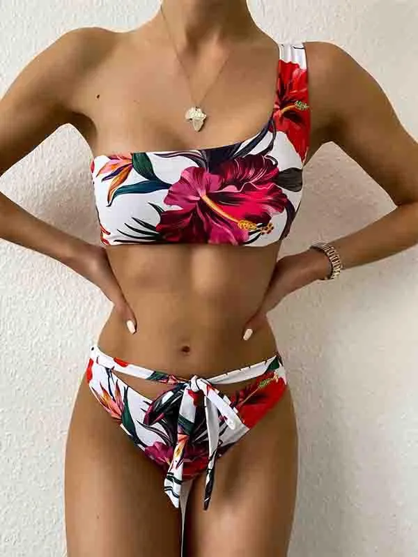 One Shoulder Bikini Top Tropical Bikini Bottom With Tie
