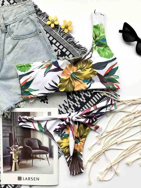 One Shoulder Bikini Top Tropical Bikini Bottom With Tie