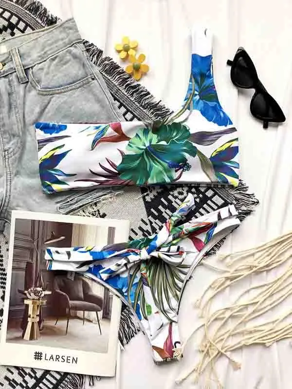 One Shoulder Bikini Top Tropical Bikini Bottom With Tie