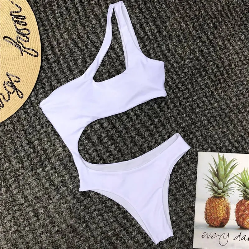 One Shoulder Bright Color Cutout High Cut Swimsuits