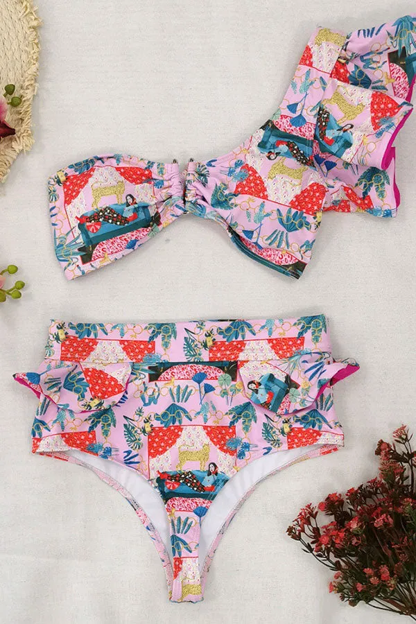 One Shoulder Flounce Sleeve Print Girly High Waist Bikini