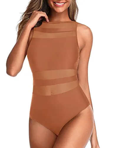 Open Back High Neck One Piece Swimsuit For Women-Brown