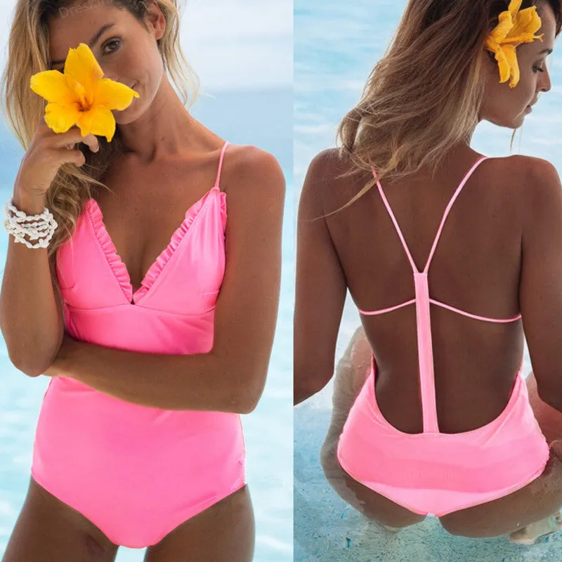 Plain Backless Flapper High Cut Swimsuit