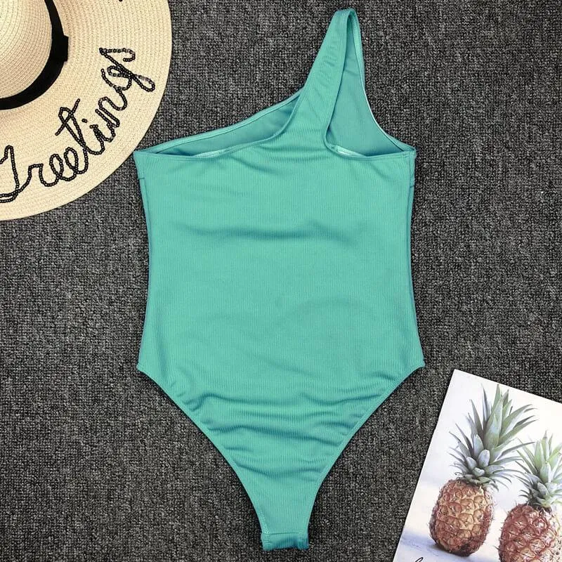Plain One Shoulder Cutout High Cut Swimsuits