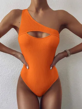 Plain One Shoulder Cutout High Cut Swimsuits