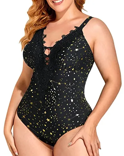 Plunging Sexy Plus Size One Piece Swimsuits For Women-Gold Stars