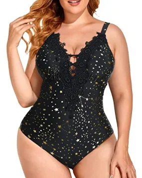 Plunging Sexy Plus Size One Piece Swimsuits For Women-Gold Stars