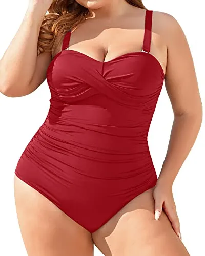 Plus Size Bandeau Slimming Ruched Tummy Control One Piece Swimsuit-Red