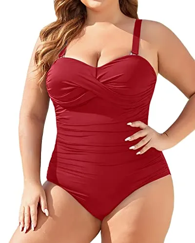 Plus Size Bandeau Slimming Ruched Tummy Control One Piece Swimsuit-Red