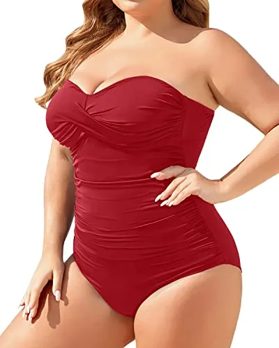 Plus Size Bandeau Slimming Ruched Tummy Control One Piece Swimsuit-Red