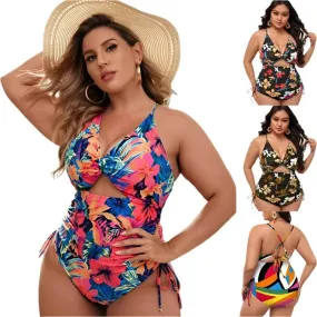 Plus Size Floral Cutout Drawstring Swimsuit