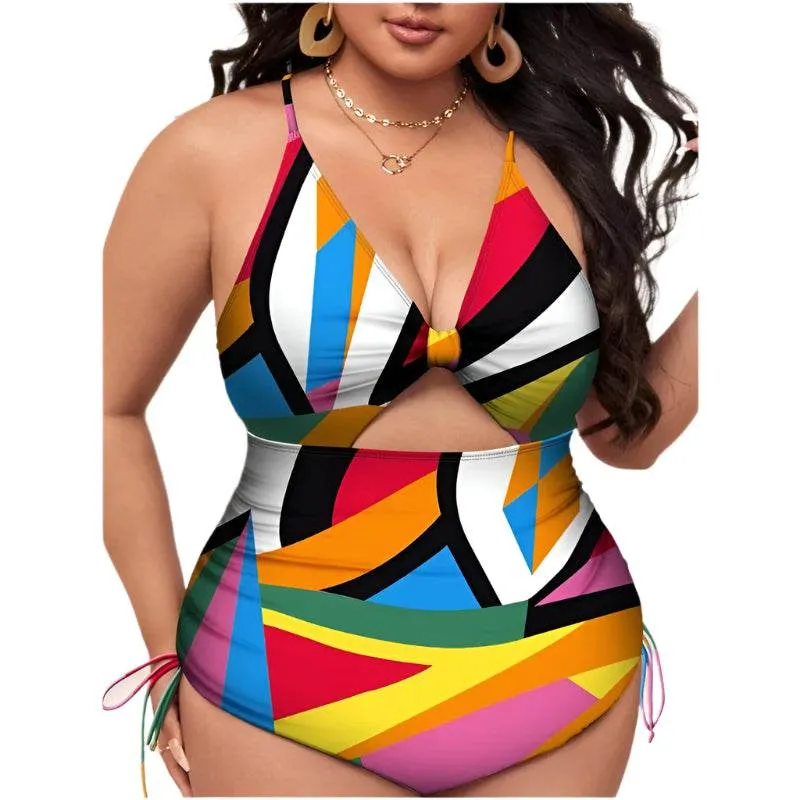 Plus Size Floral Cutout Drawstring Swimsuit