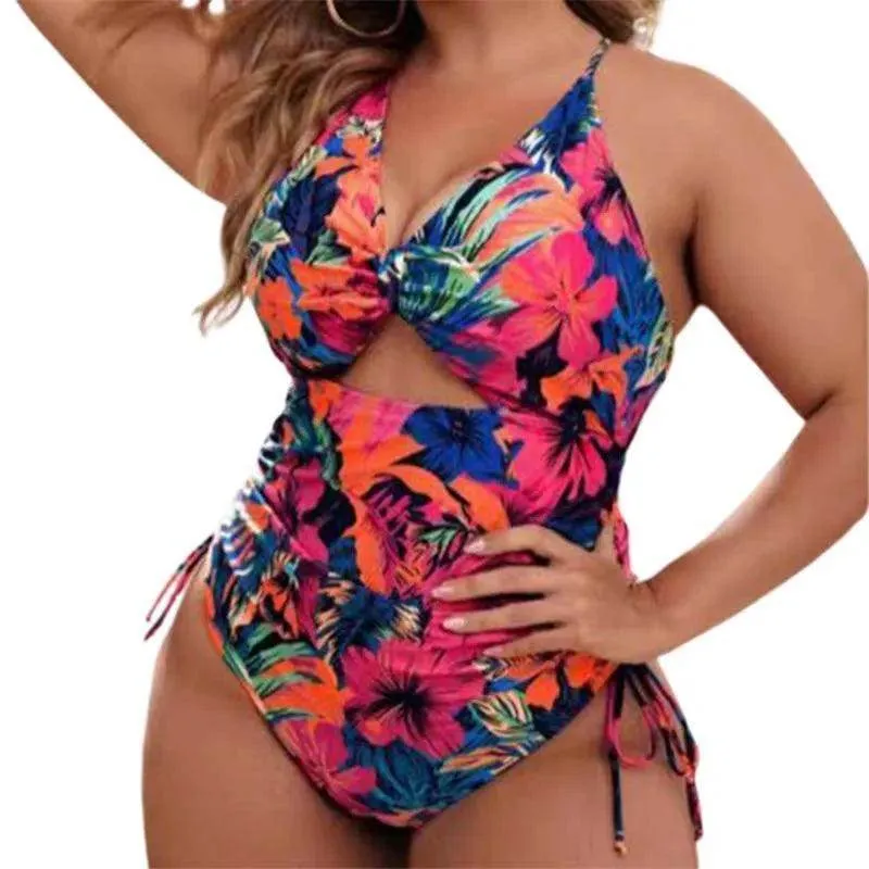 Plus Size Floral Cutout Drawstring Swimsuit