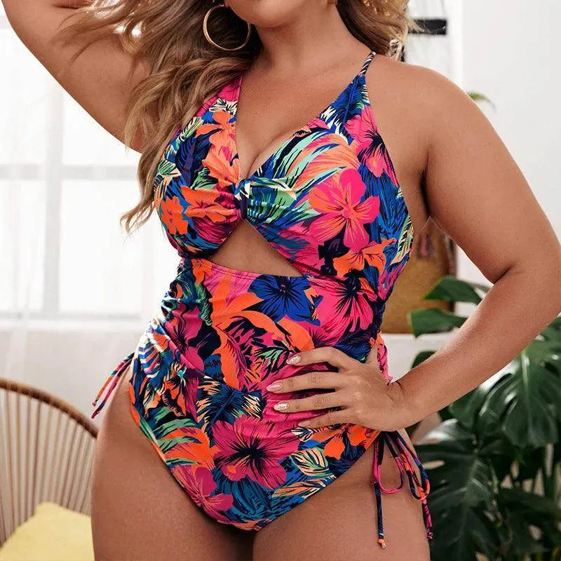 Plus Size Floral Cutout Drawstring Swimsuit