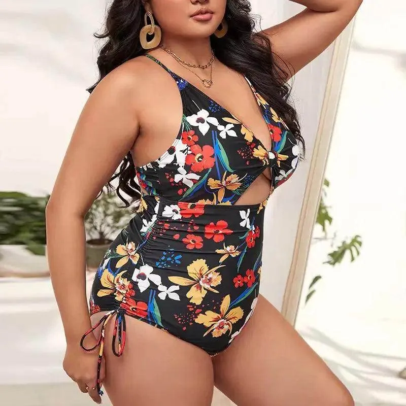 Plus Size Floral Cutout Drawstring Swimsuit