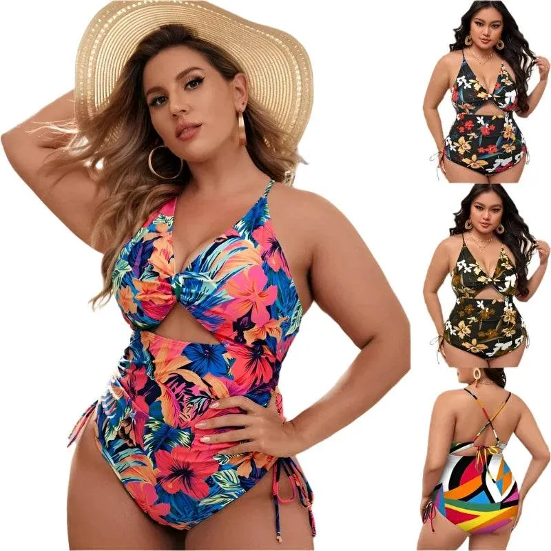 Plus Size Floral Cutout Drawstring Swimsuit