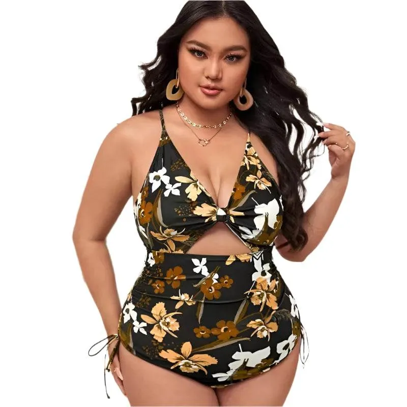 Plus Size Floral Cutout Drawstring Swimsuit