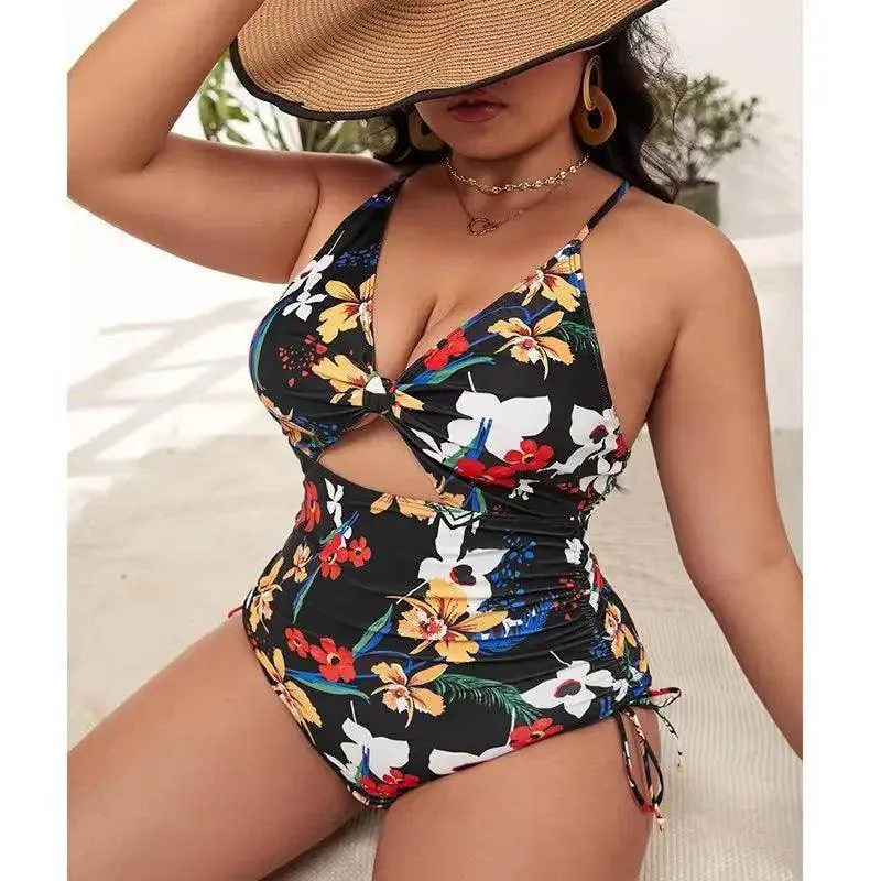 Plus Size Floral Cutout Drawstring Swimsuit