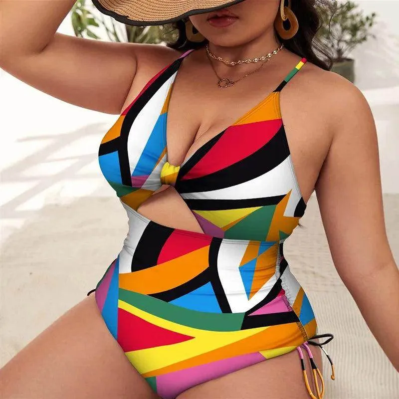 Plus Size Floral Cutout Drawstring Swimsuit