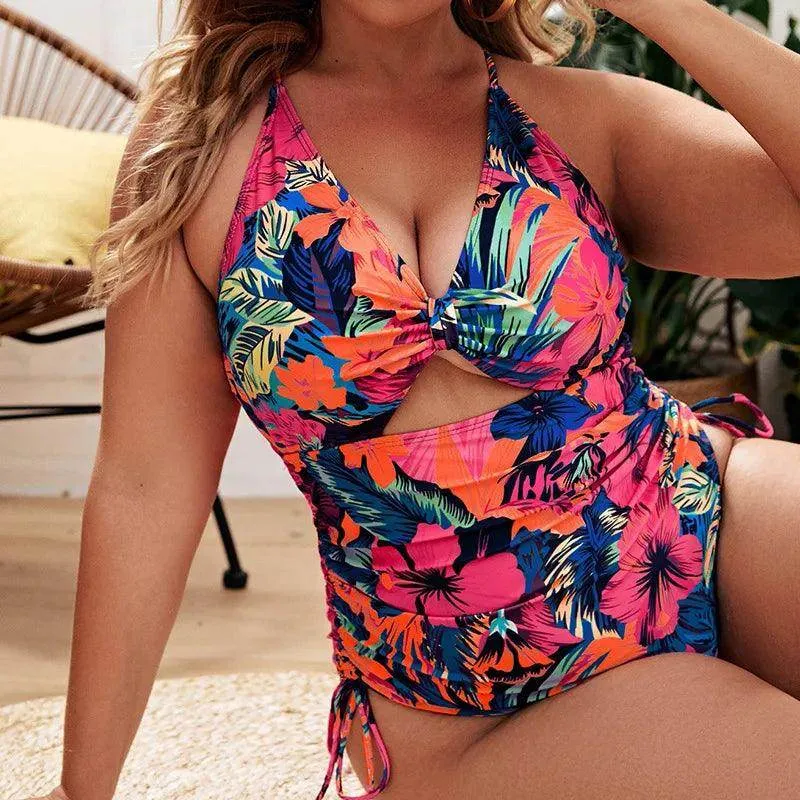 Plus Size Floral Cutout Drawstring Swimsuit