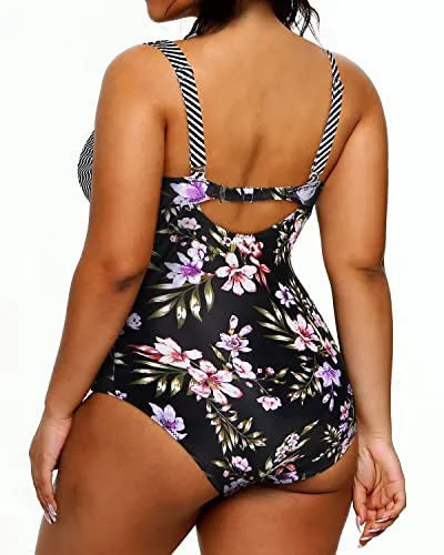 Plus Size One Piece Swimsuit For Women Tummy Control Slimming Swimwear-Stripes And Flowers