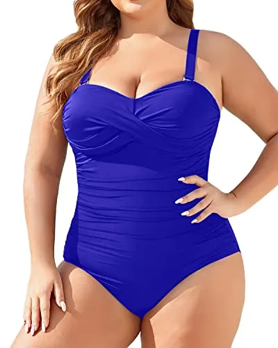 Plus Size Tummy Control One Piece Swimsuit Bandeau Bathing Suits-Royal Blue