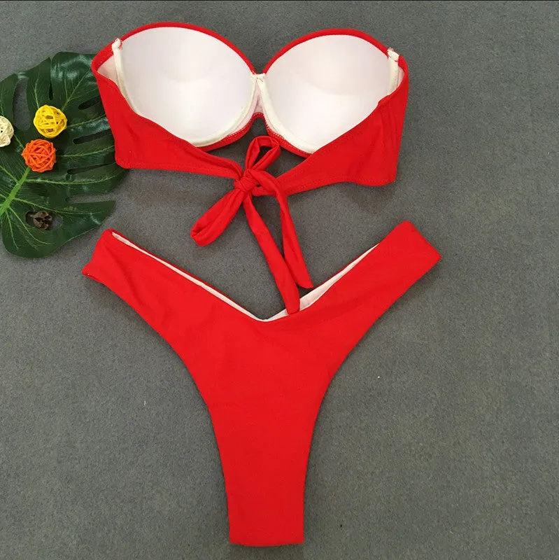 Print Bandeau Strappy Low Rise Thong Bottom Bikinis
