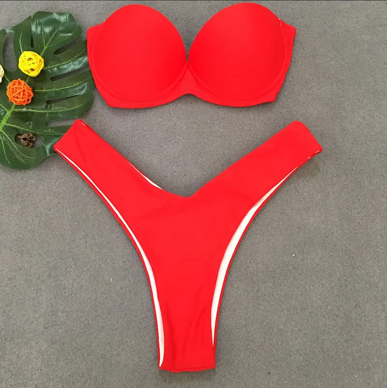 Print Bandeau Strappy Low Rise Thong Bottom Bikinis