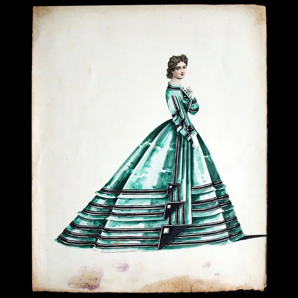 Projets de robes, ensemble de 6 dessins à l'aquarelle d'un dessinateur en costumes et robes (circa 1860-1870)