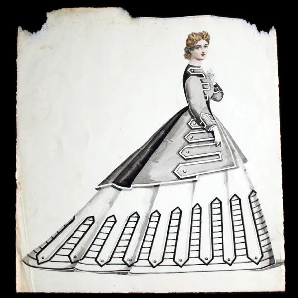 Projets de robes, ensemble de 6 dessins à l'aquarelle d'un dessinateur en costumes et robes (circa 1860-1870)