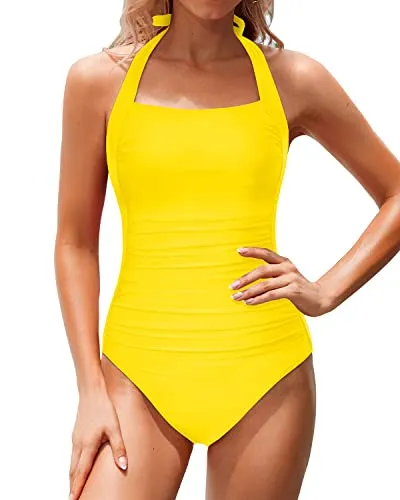 Push Up Full Coverage Swimwear Women Tummy Control Swimsuits-Neon Yellow