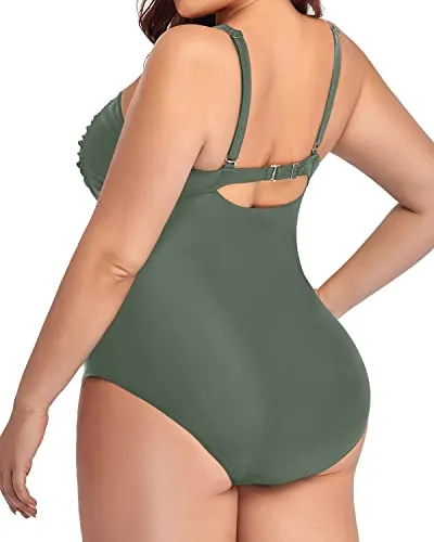Push Up Swimwear Molded Cups Ruched Cross Swimsuits For Curvy Women-Olive Green