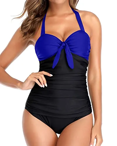 Retro & Vintage Ruching Swimming Suits Halter Bathing Suits For Women-Royal Blue And Black