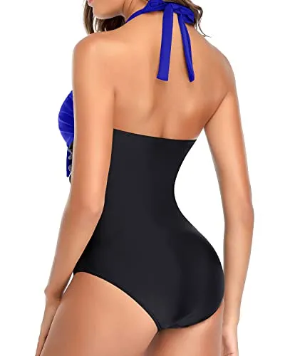 Retro & Vintage Ruching Swimming Suits Halter Bathing Suits For Women-Royal Blue And Black