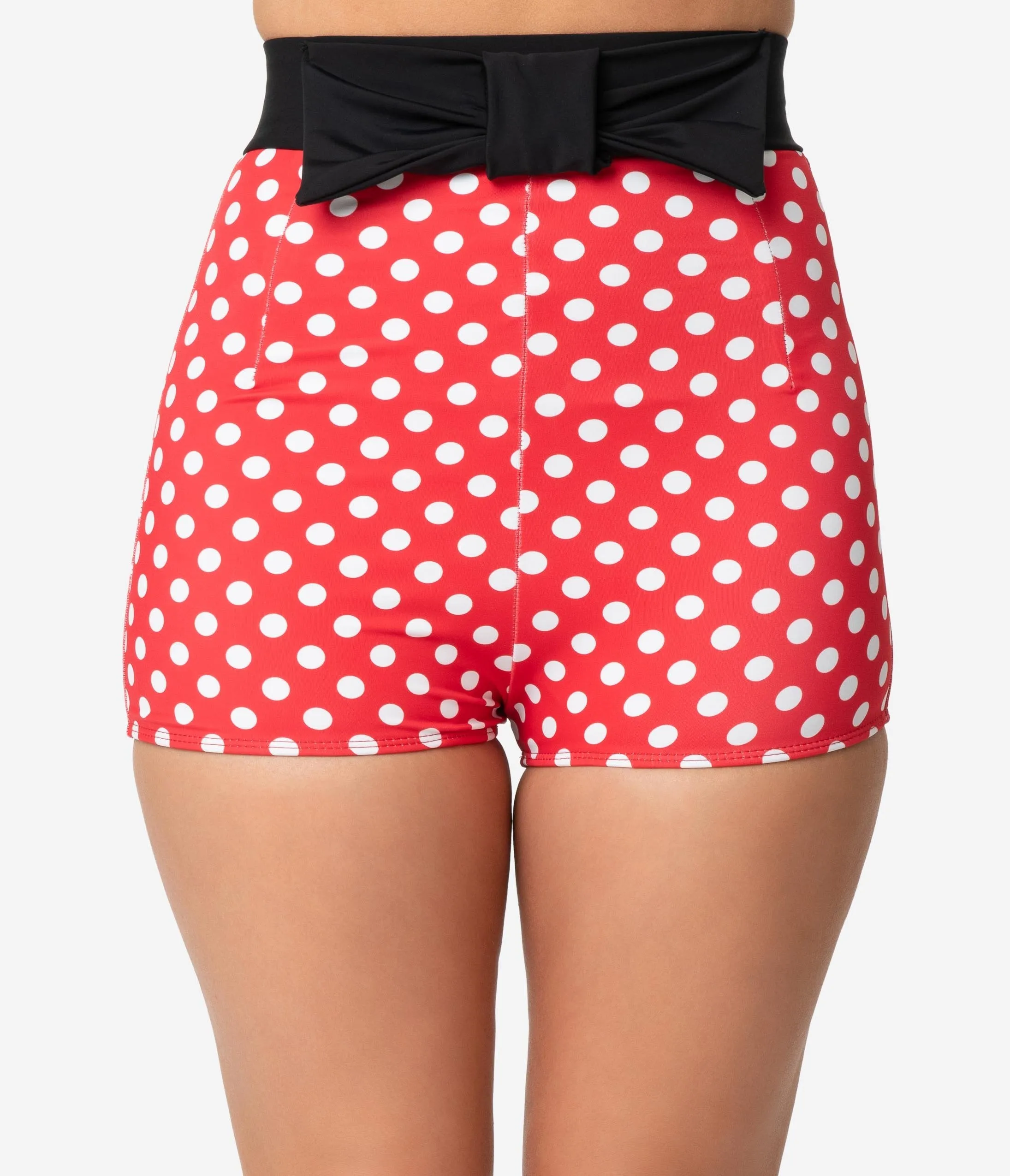 Retro Style Red & White Polka Dot High Waist Bow Swim Shorts