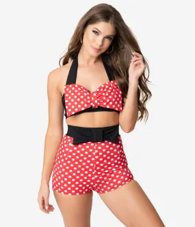 Retro Style Red & White Polka Dot High Waist Bow Swim Shorts
