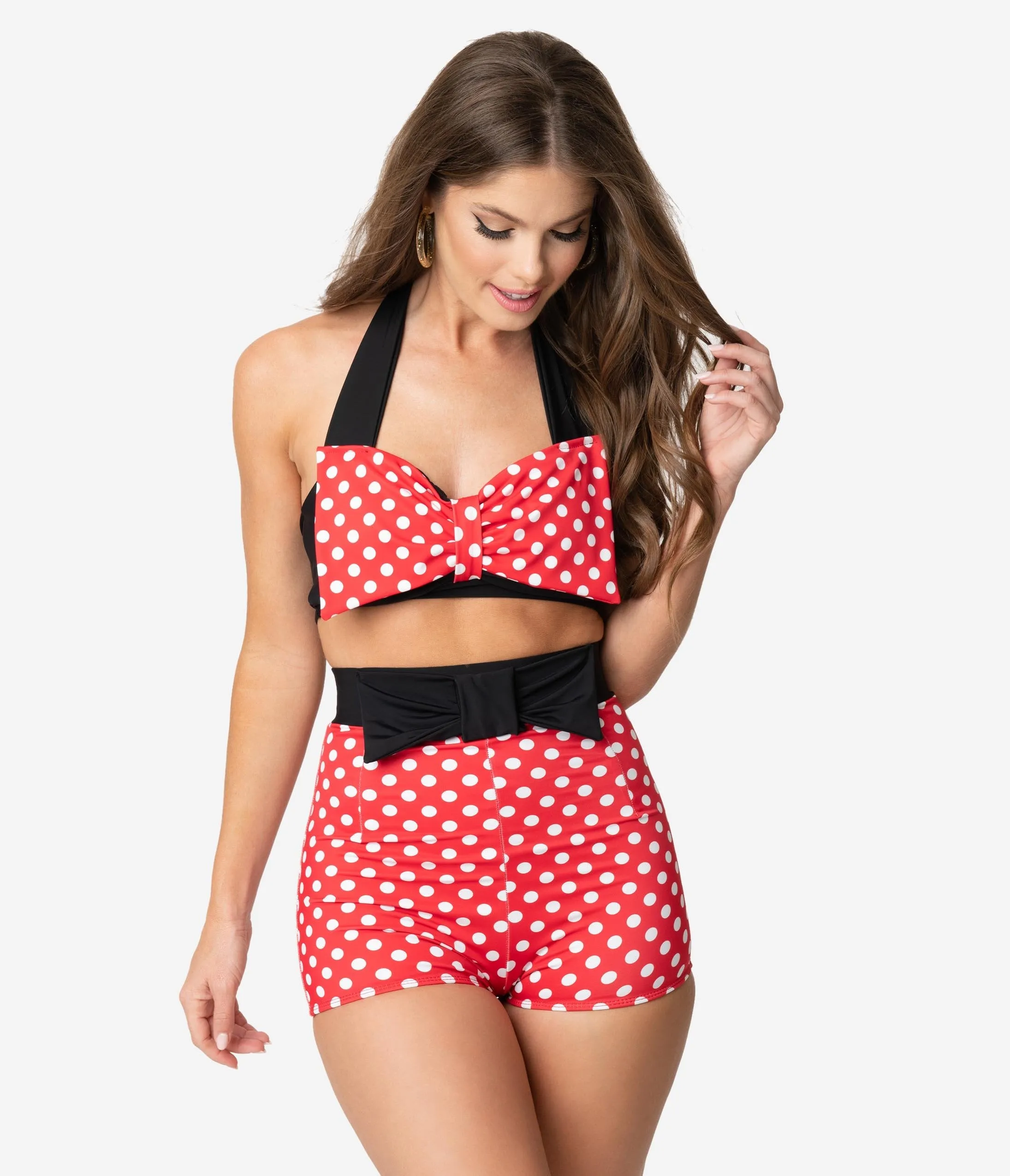 Retro Style Red & White Polka Dot High Waist Bow Swim Shorts