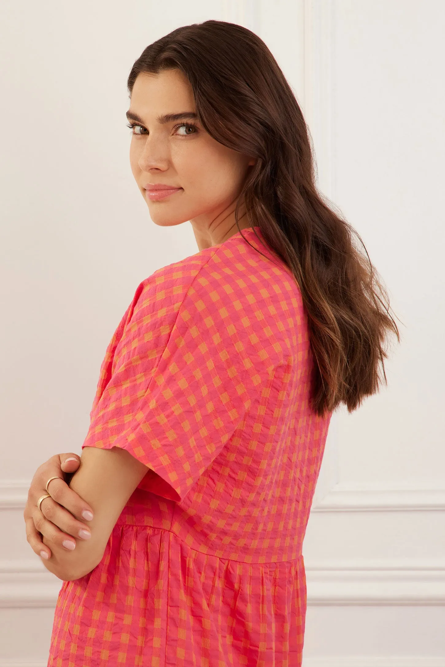 Robe manches courtes dolman à carreaux en coton - Femme