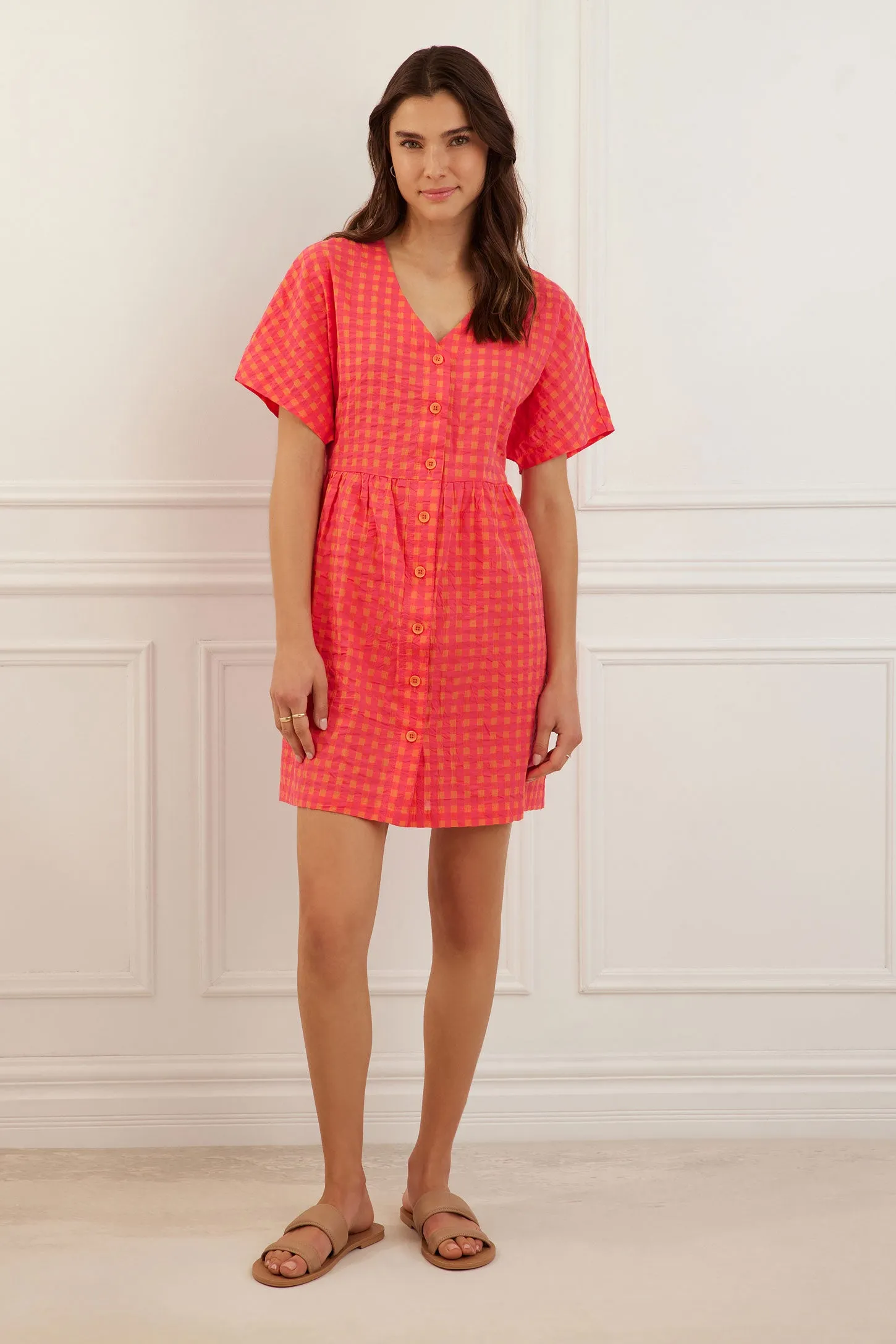 Robe manches courtes dolman à carreaux en coton - Femme