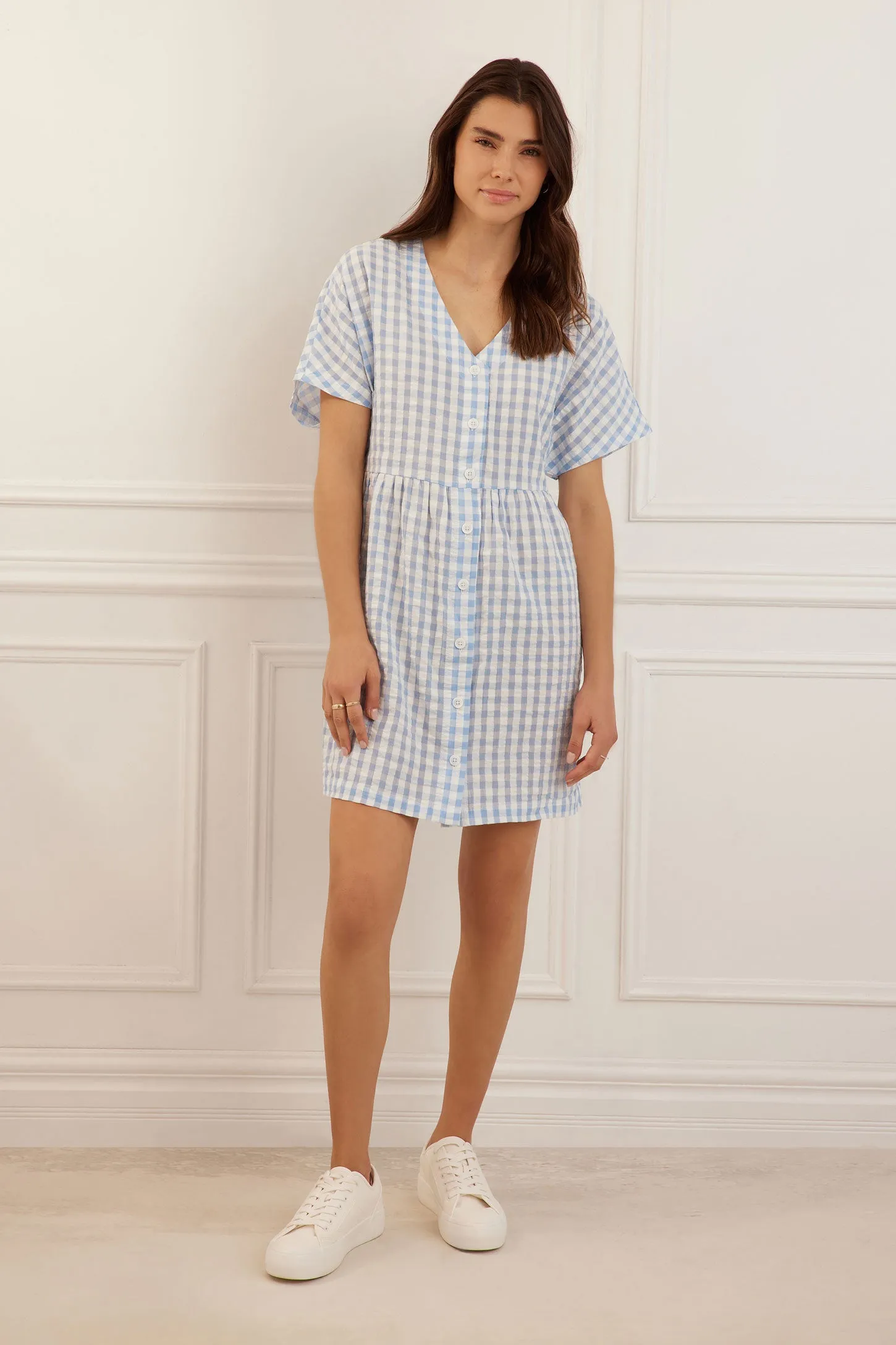 Robe manches courtes dolman à carreaux en coton - Femme