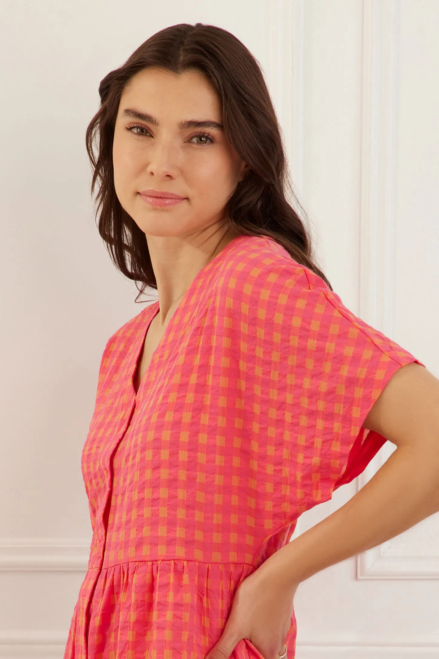 Robe manches courtes dolman à carreaux en coton - Femme
