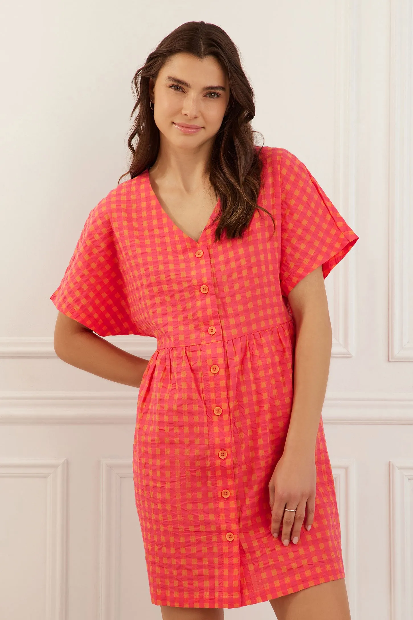 Robe manches courtes dolman à carreaux en coton - Femme