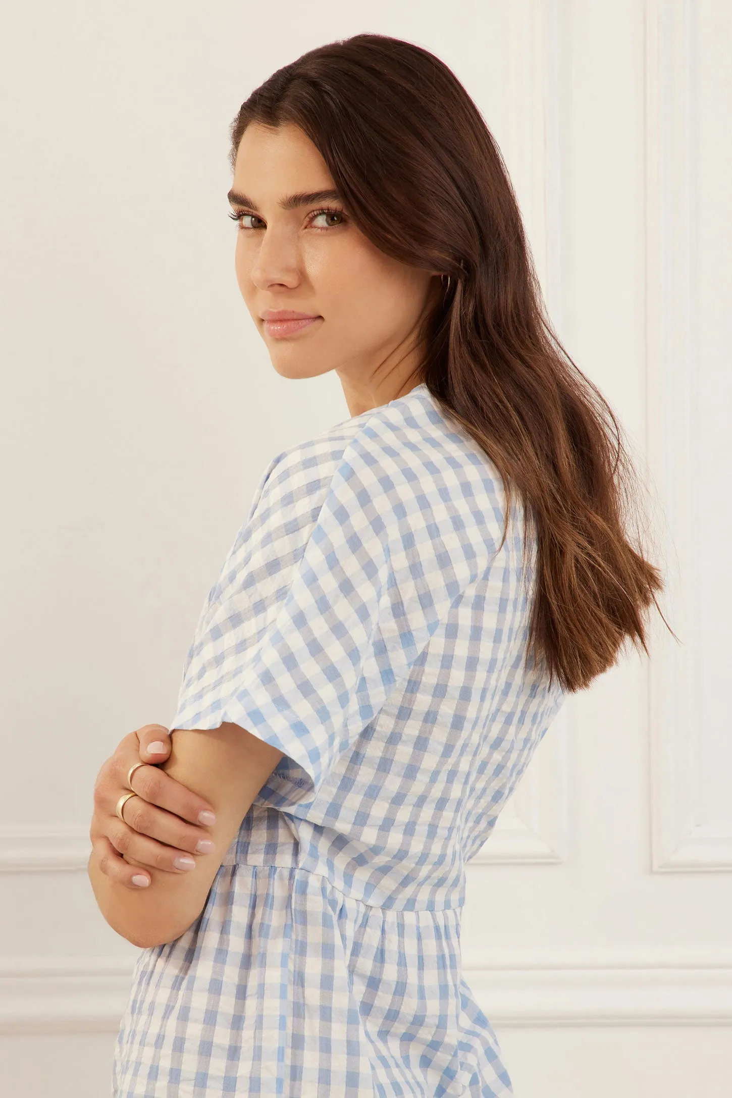 Robe manches courtes dolman à carreaux en coton - Femme