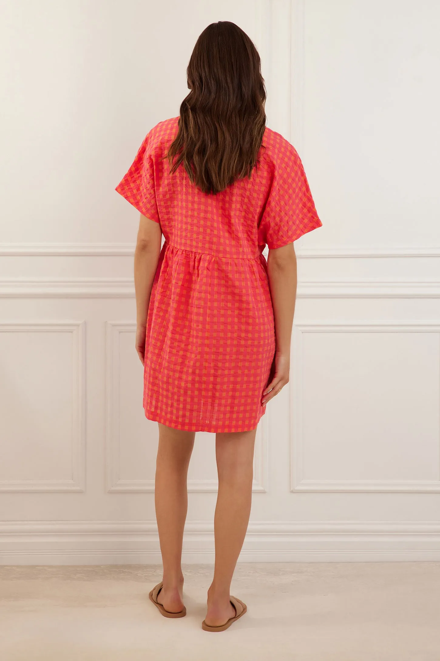 Robe manches courtes dolman à carreaux en coton - Femme