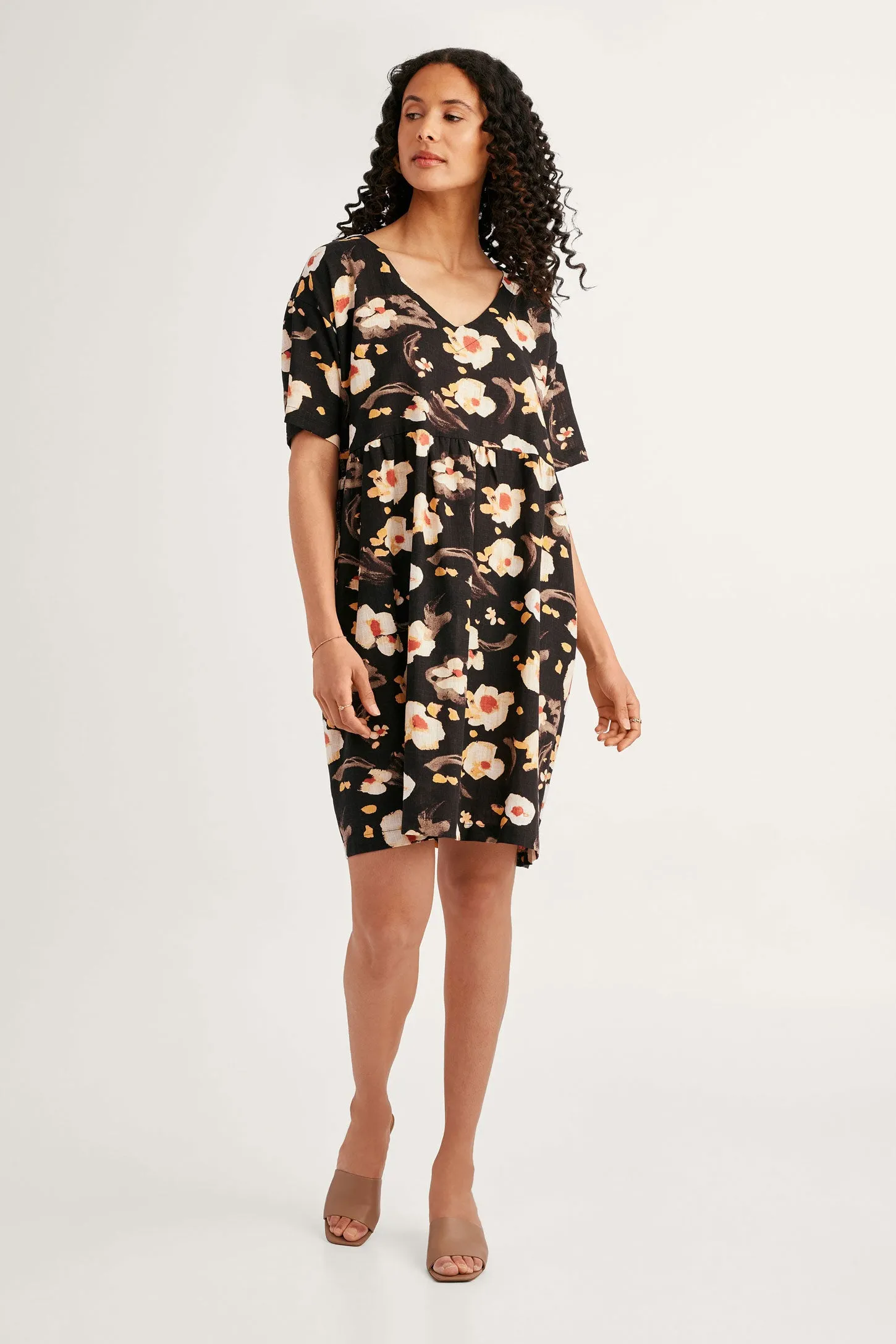 Robe manches courtes imprimée en lin - Femme