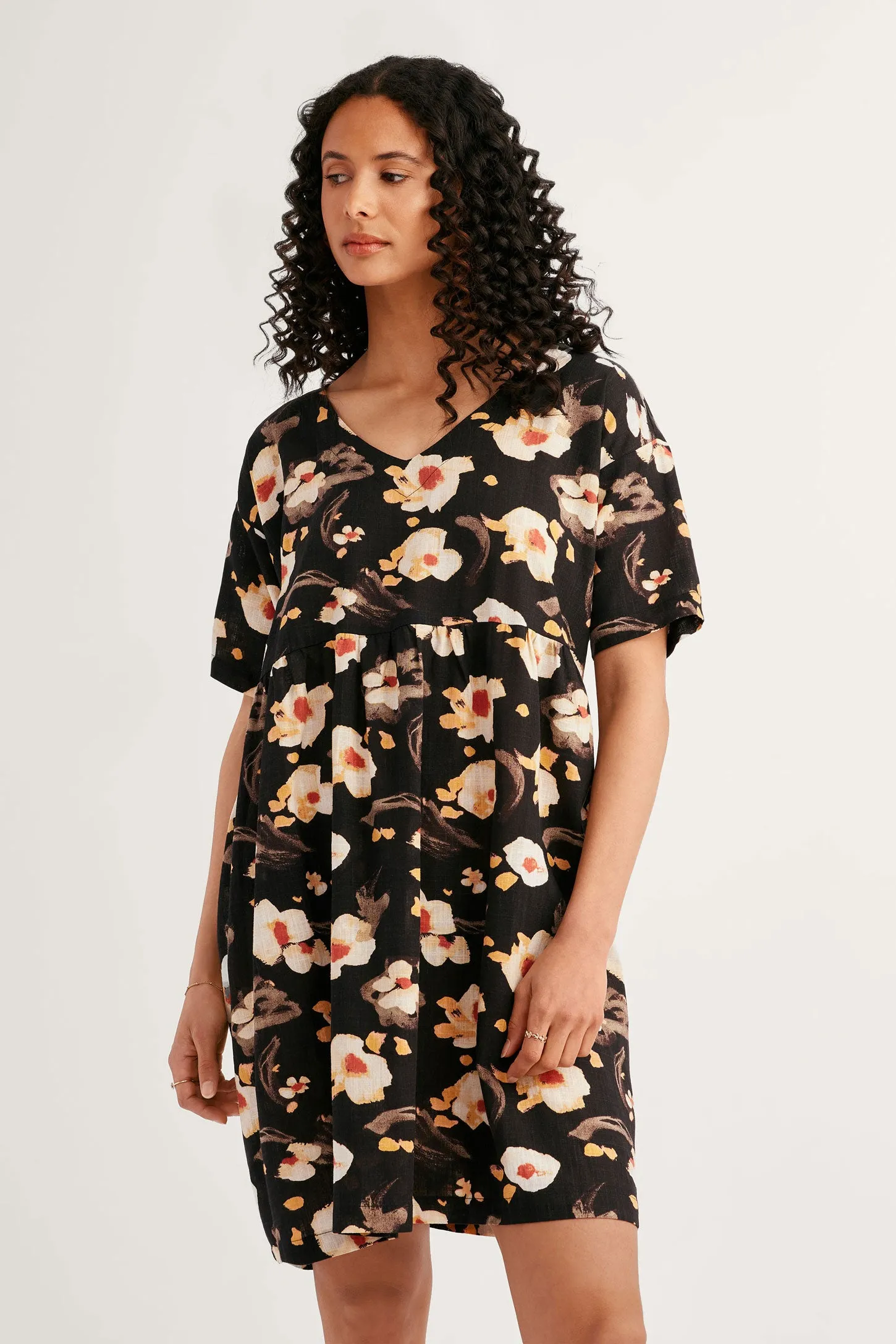 Robe manches courtes imprimée en lin - Femme