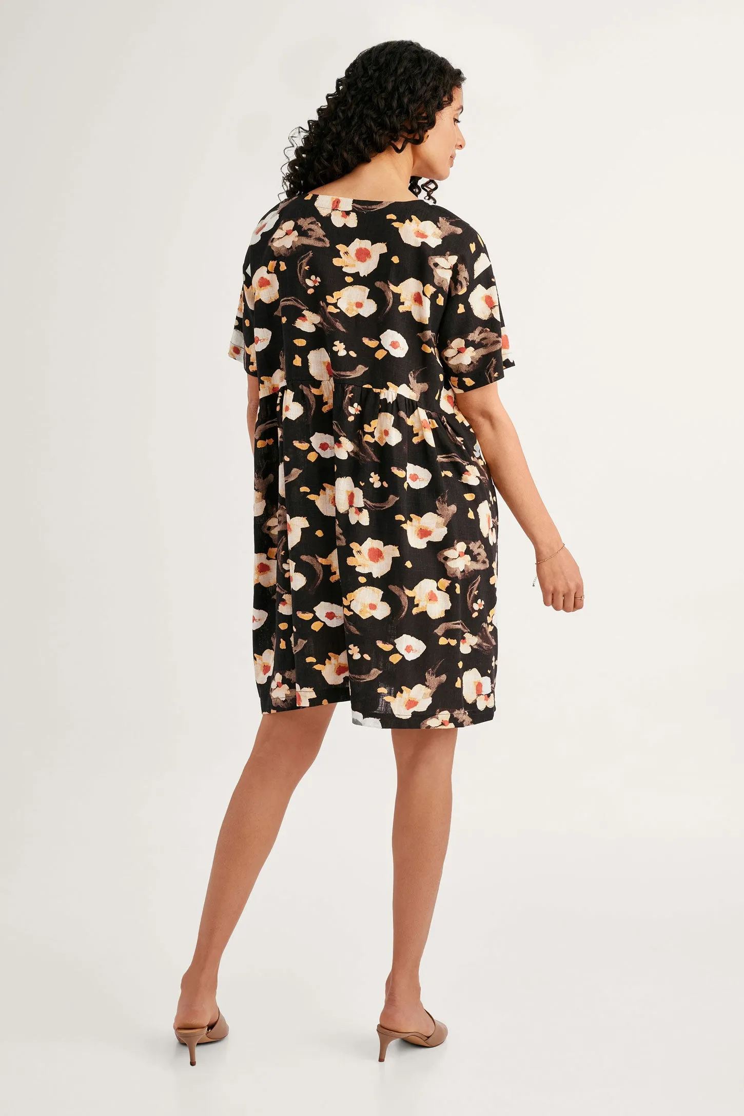 Robe manches courtes imprimée en lin - Femme