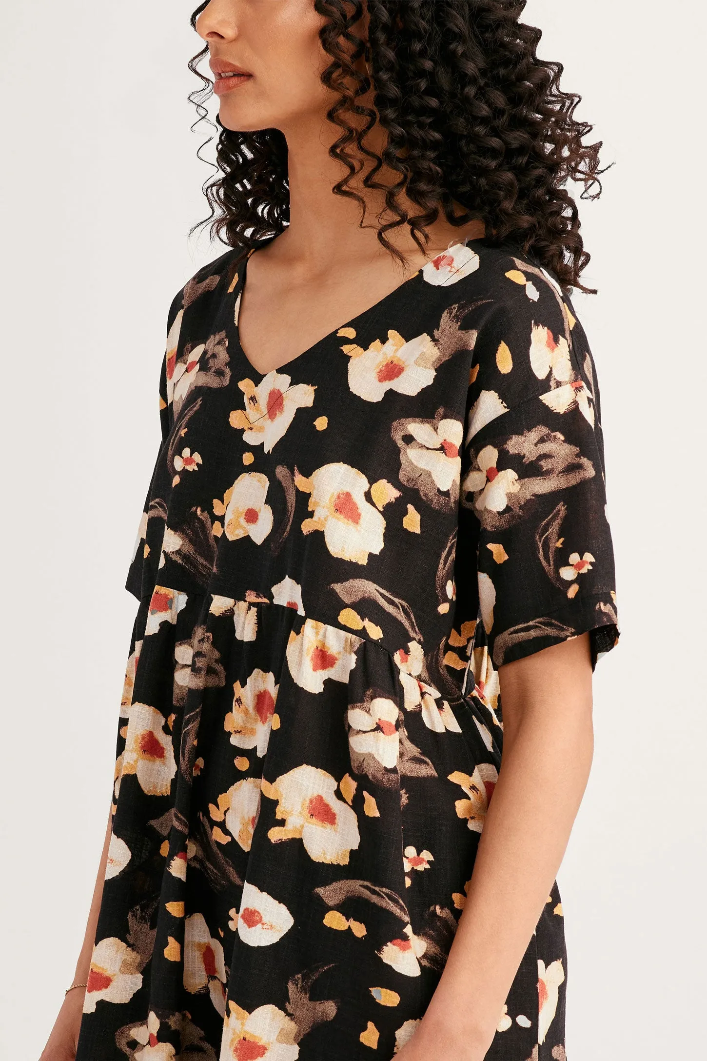 Robe manches courtes imprimée en lin - Femme